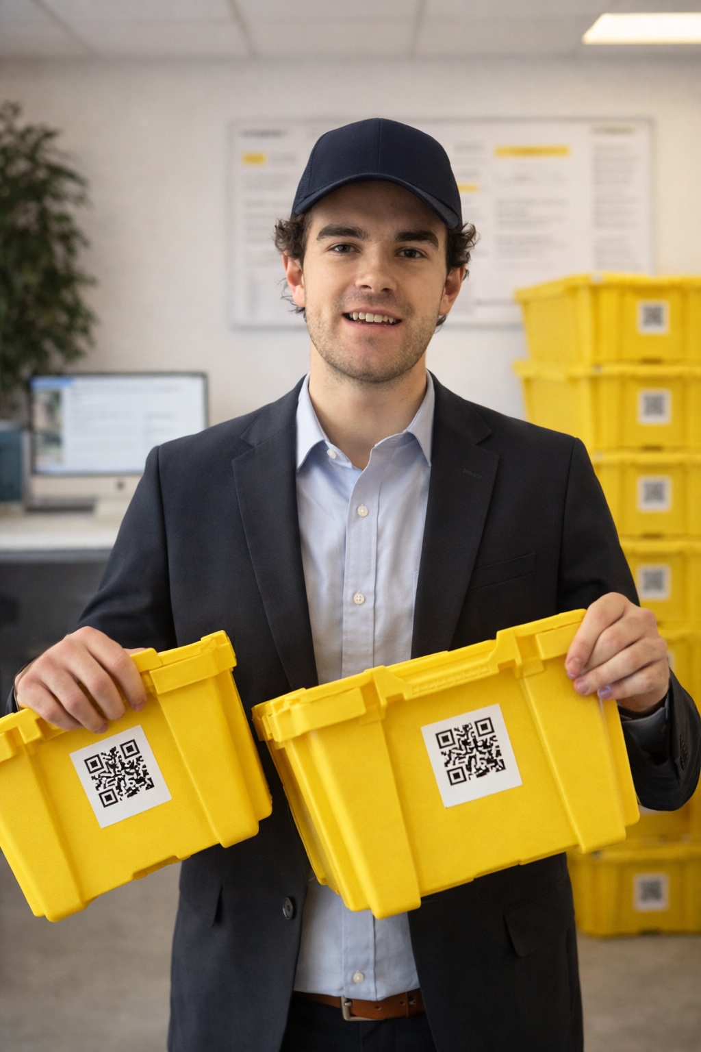 Adam, Founder of ToteRental.ca, holding yellow moving totes