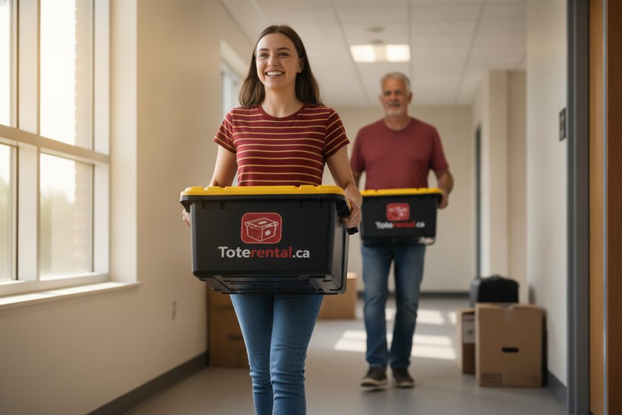 A student and parent happily carrying moving totes into Guelph residence on move-in day
