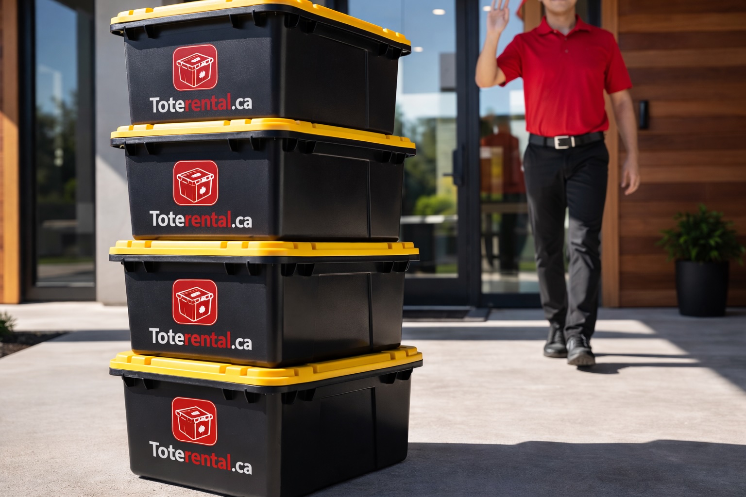 Stack of heavy-duty moving totes ready for delivery in a Canadian suburb