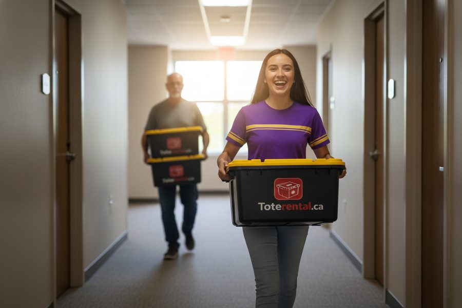 A student and parent happily carrying moving totes into Laurier residence on move-in day