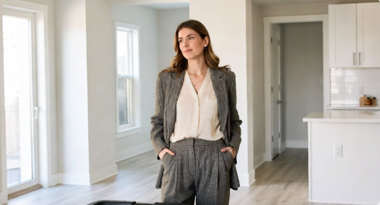 Professional realtor standing in an empty home with ToteRental moving totes