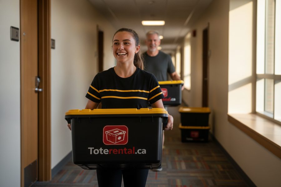 A student and parent happily carrying moving totes into Waterloo residence on move-in day